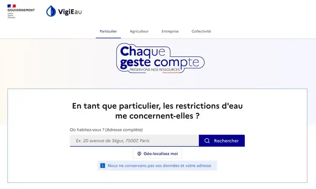 Capture d'écran du site VigiEau