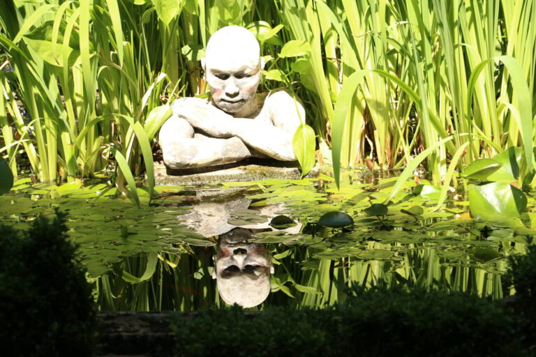 Statue d’un personnage pensif dans un bassin bordé de plantes aquatiques au jardin de La Ballue