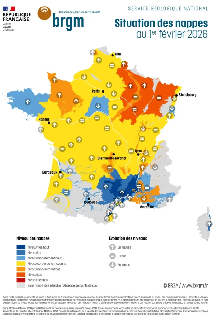 Carte du BRGM montrant l’état des nappes phréatiques en France au 1er février 2026
