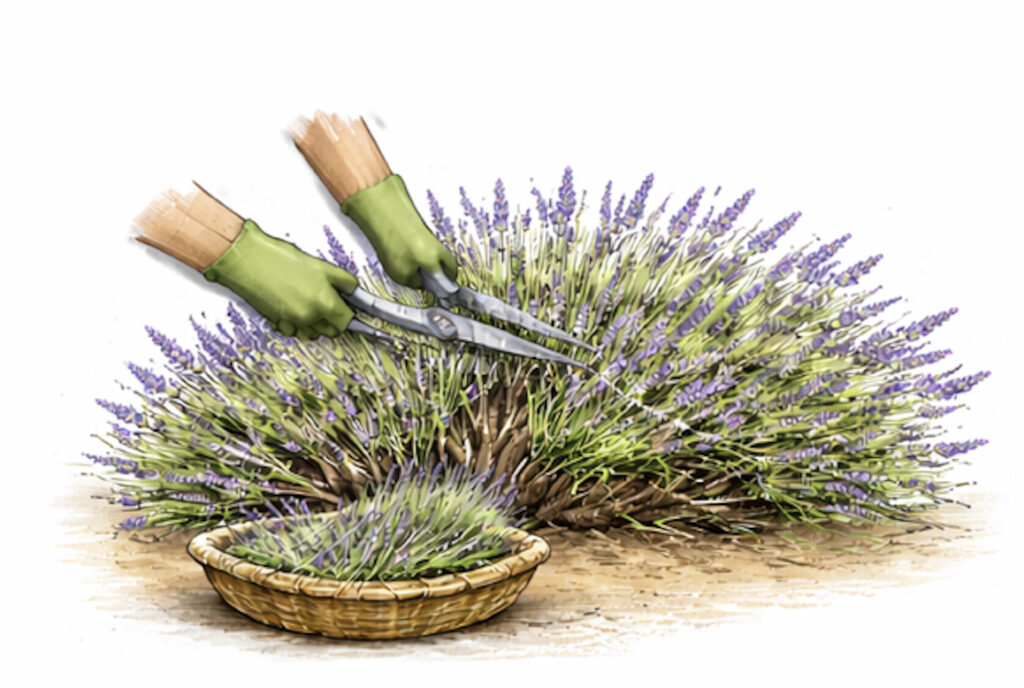 Taille d’entretien d’une lavande après la floraison estivale, avec coupe des tiges fleuries dans le bois vert.