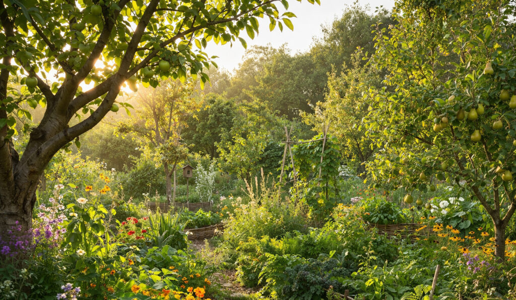 Forêt-jardin comestible en permaculture avec arbres fruitiers, arbustes, fleurs et plantes vivaces organisés en strates