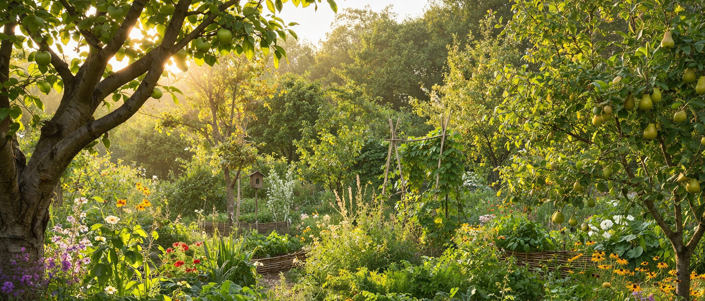 Forêt-jardin comestible en permaculture avec arbres fruitiers, arbustes, fleurs et plantes vivaces organisés en strates