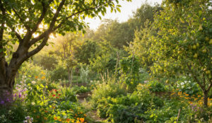 Forêt-jardin comestible en permaculture avec arbres fruitiers, arbustes, fleurs et plantes vivaces organisés en strates