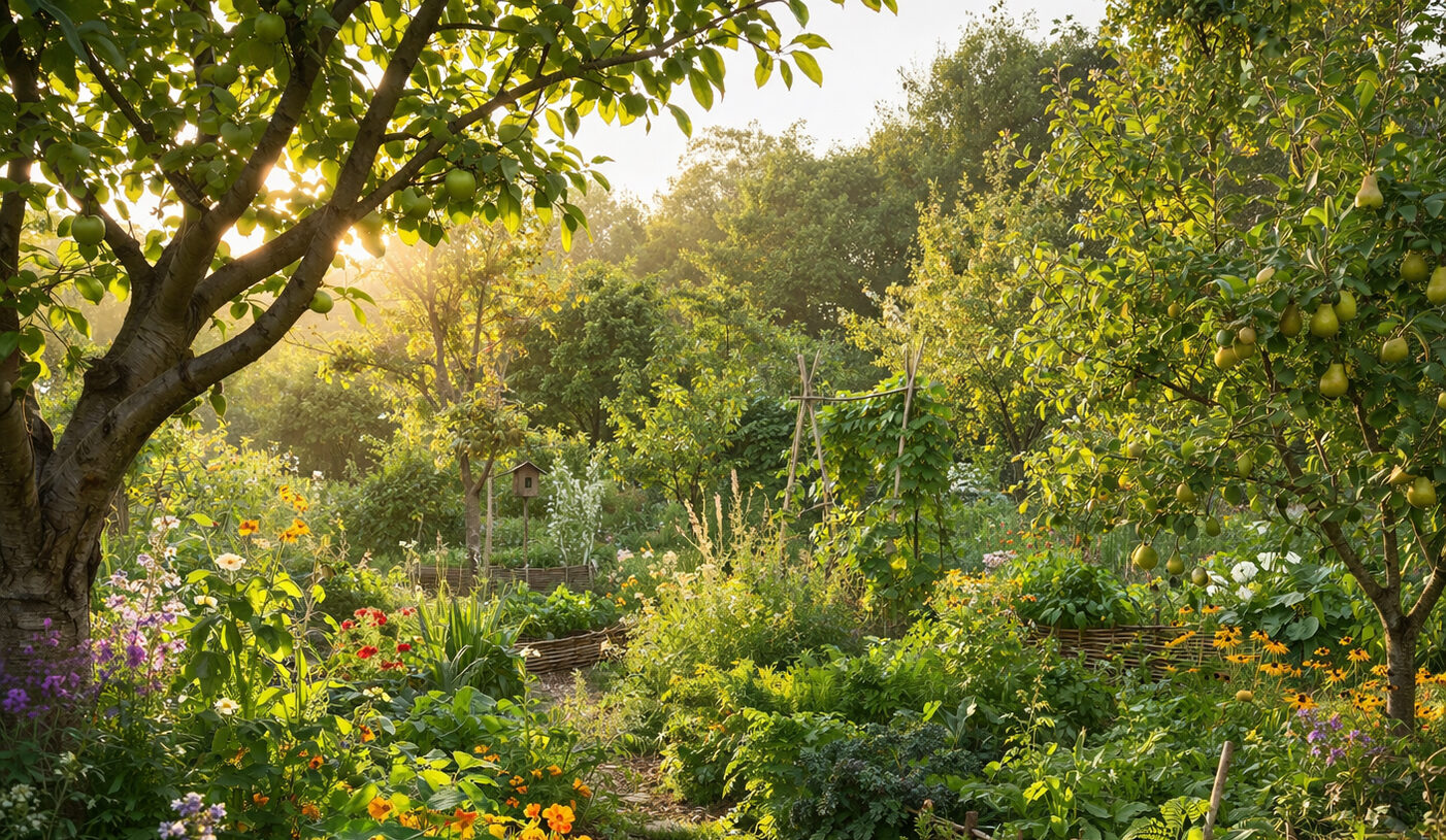 Forêt-jardin comestible en permaculture avec arbres fruitiers, arbustes, fleurs et plantes vivaces organisés en strates