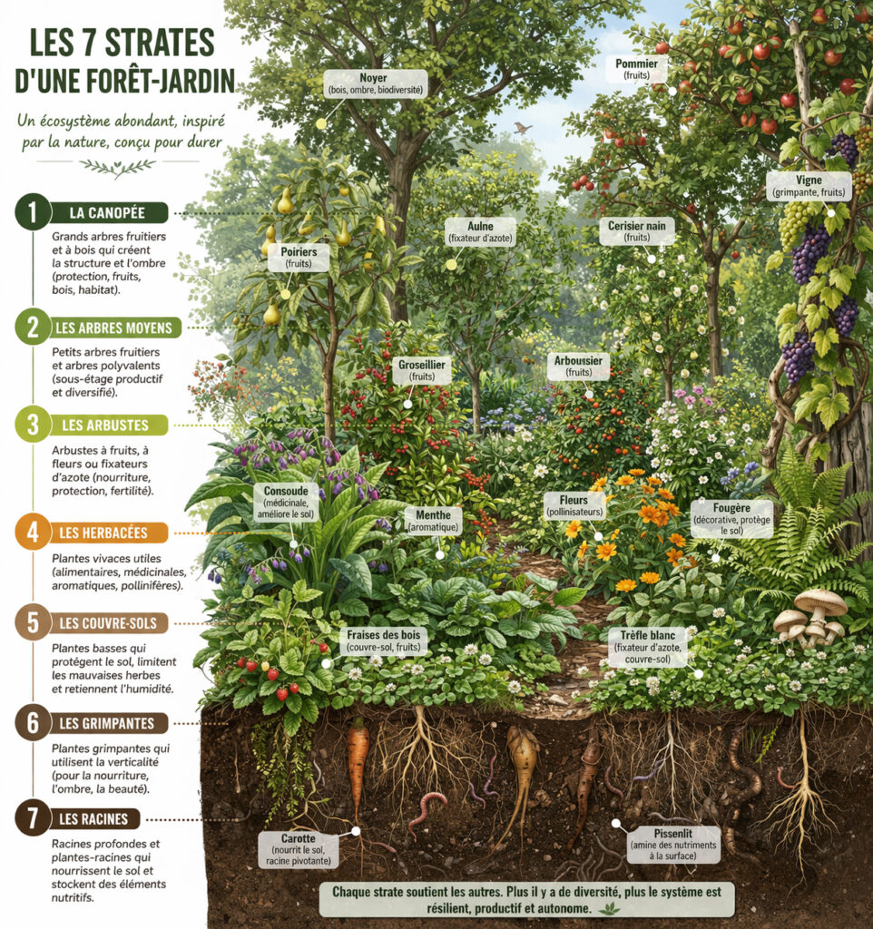 Schéma des 7 strates d’une forêt-jardin avec arbres, arbustes, plantes herbacées, couvre-sols, grimpantes et racines