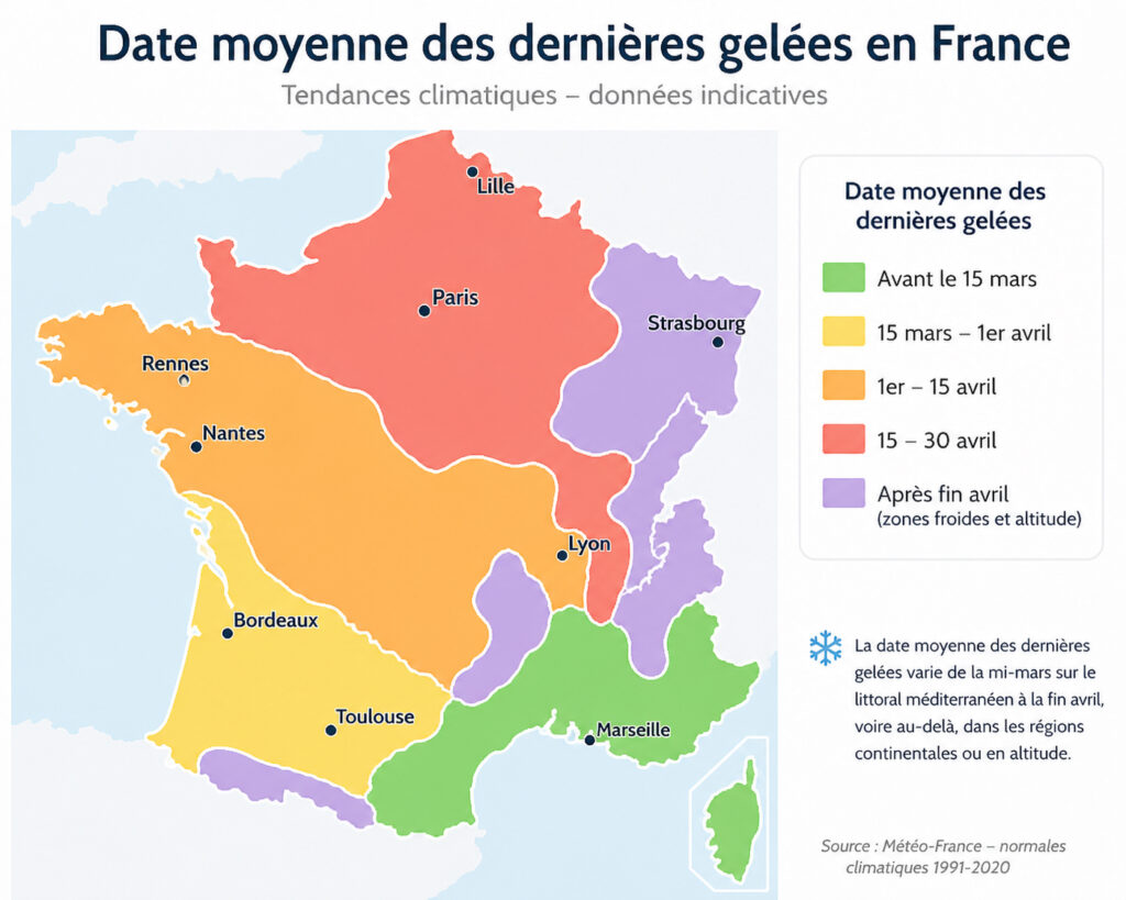 Carte de France indiquant la date moyenne des dernières gelées selon les régions