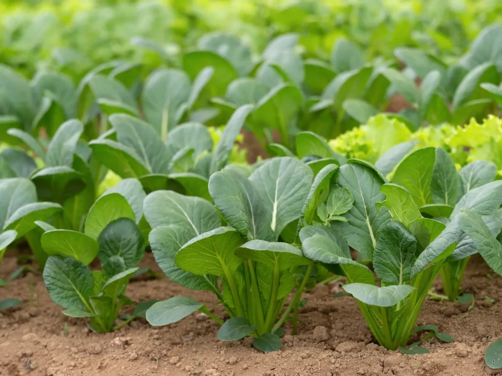 Komatsuna cultivé en rangs dans un potager