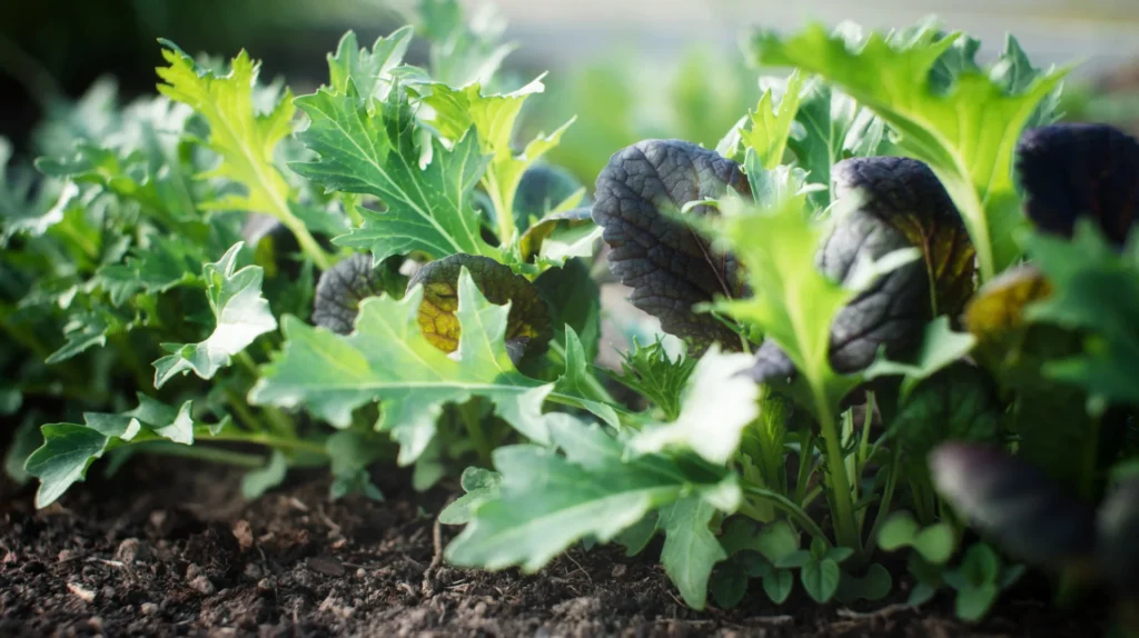 Mizuna poussant dans un potager avec d’autres légumes feuilles