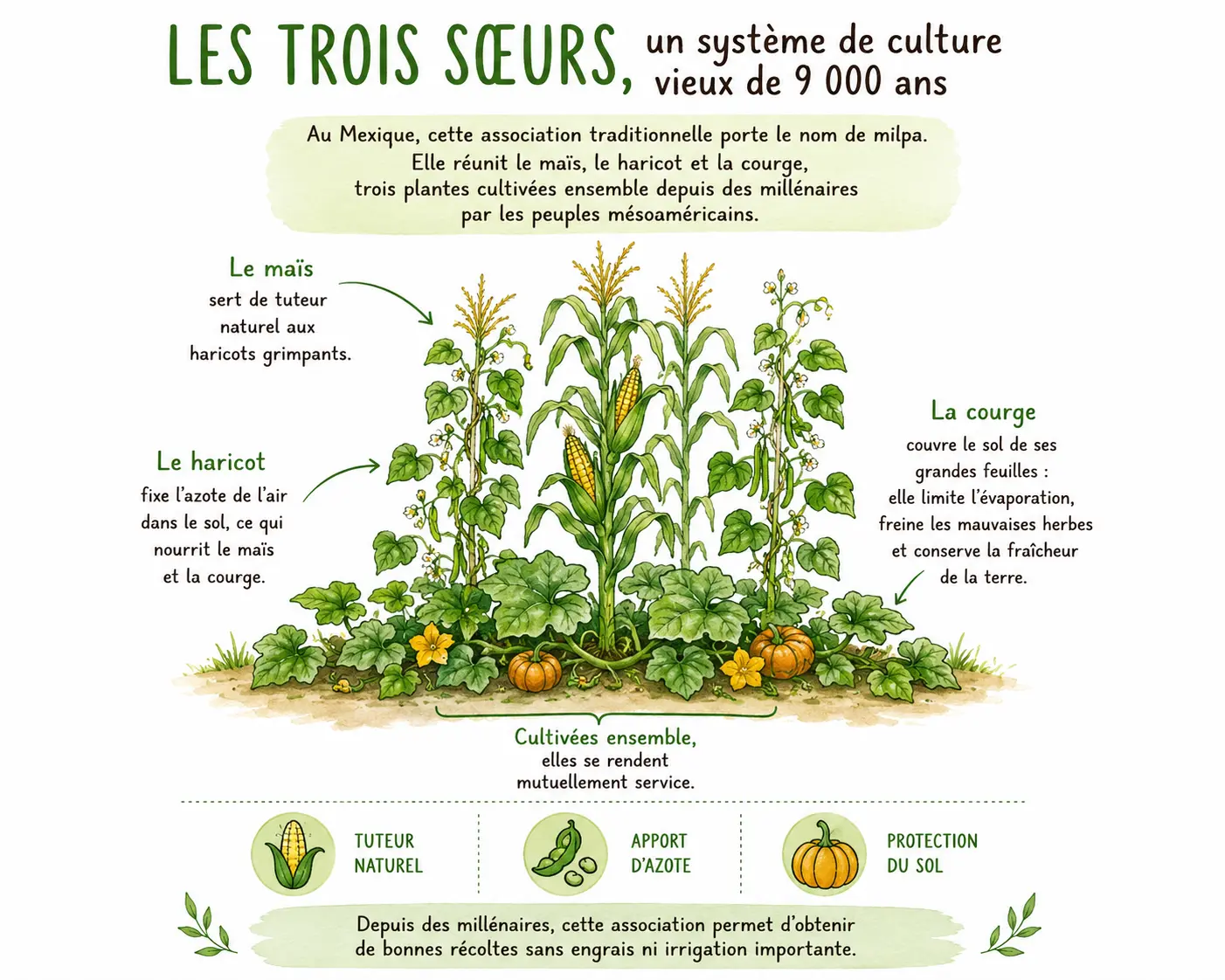 Schéma des Trois Sœurs montrant la culture associée du maïs, du haricot grimpant et de la courge dans le potager mexicain.