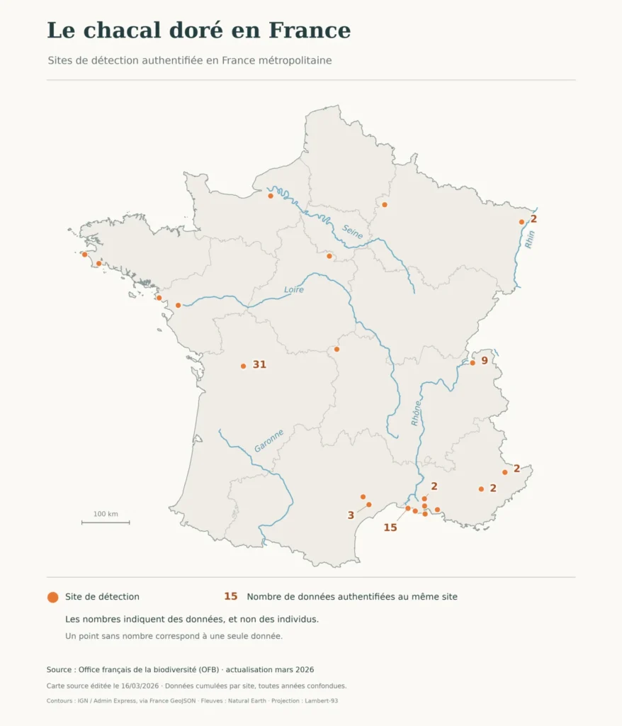 Carte de la présence du chacal doré en France
