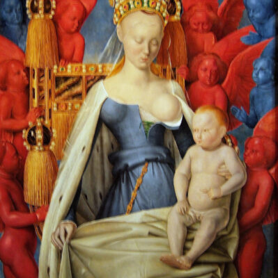 Agnès Sorel représentée en Vierge à l’Enfant, entourée d’anges rouges et bleus, tableau de Jean Fouquet.
